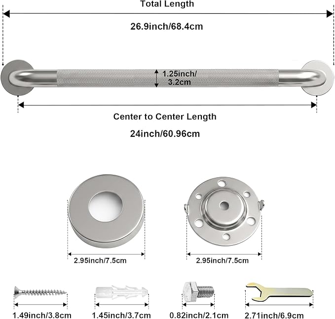 24 Inch Shower Grab Bars for Seniors with Non-Slip Kunrled Grip, 1.25'' Safety Stainless Steel Handicapped Grab Bars, ADA Compliance (Brushed Nickel