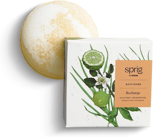 Sprig by Kohler Bergamot + Lemongrass Bath Bomb, Hypoallergenic, Made with Natural Botanicals & Premium Skincare Ingredients (Shea Butter, Coconut Oil, & Kaolin Clay) to Uplift and Energize - Recharge