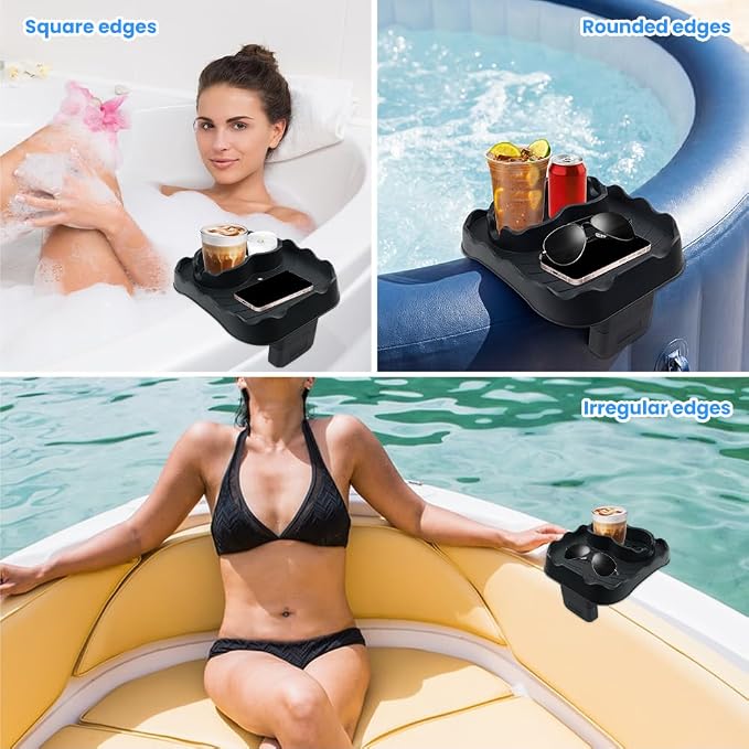 Hot Tub Table Tray,Foldable Hot Tub Side Table,Drink Caddy with 2 Cup Holders and Drain Holes,Keep Snacks-Drinks Handy and Dry,for Width 6.7-7.8in Inflatable Spa/Pool,Black