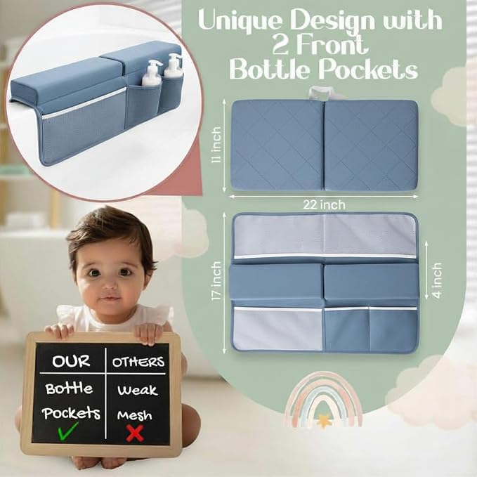 2inch XL Baby Bath Kneeler and Elbow Rest Pad Set + Hooded Towel - Embroidered Kneeling Pad for Bathing Baby - Dual-Layer Memory Foam Bathtub Kneeler and Elbow Rest Set