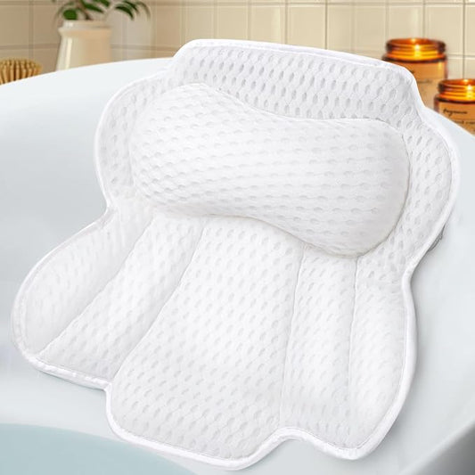 Bath Pillows for Tub, Bathtub Pillow for Neck and Back Support, 6 Non-Slip Suction Cups, Ultra Soft 4D Air Mesh, Washable Bath Accessories Gift for Women and Men, White