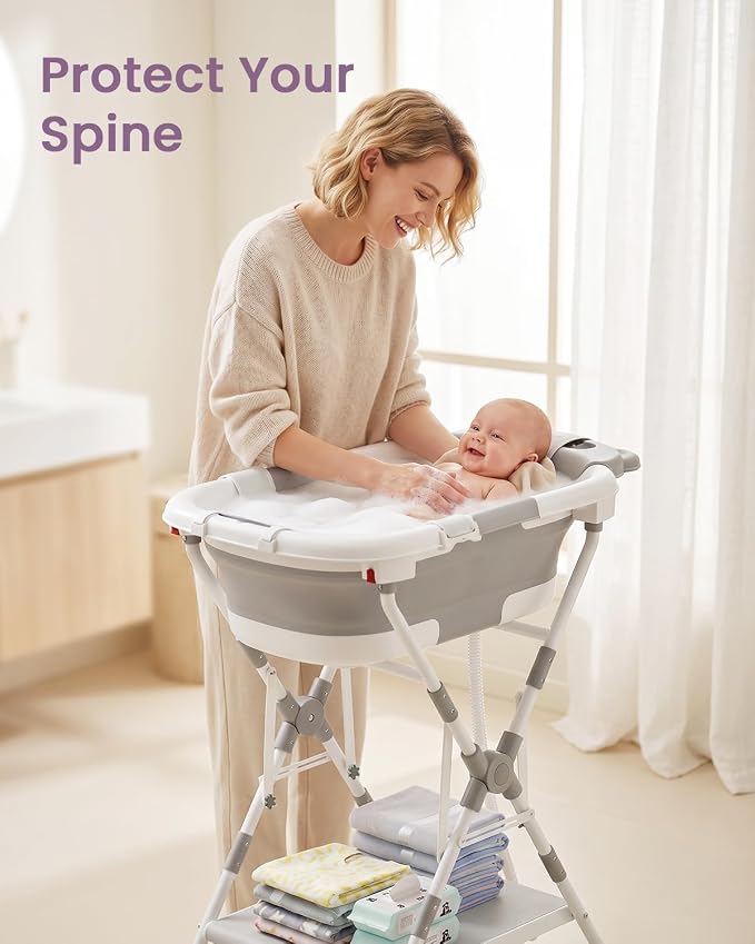 2-in-1 Foldable Baby Bathtub with Stand, Newborn Tub for Infant to Toddler, Easy-Store Design, Baby Shower Gift for New Parents, Grey