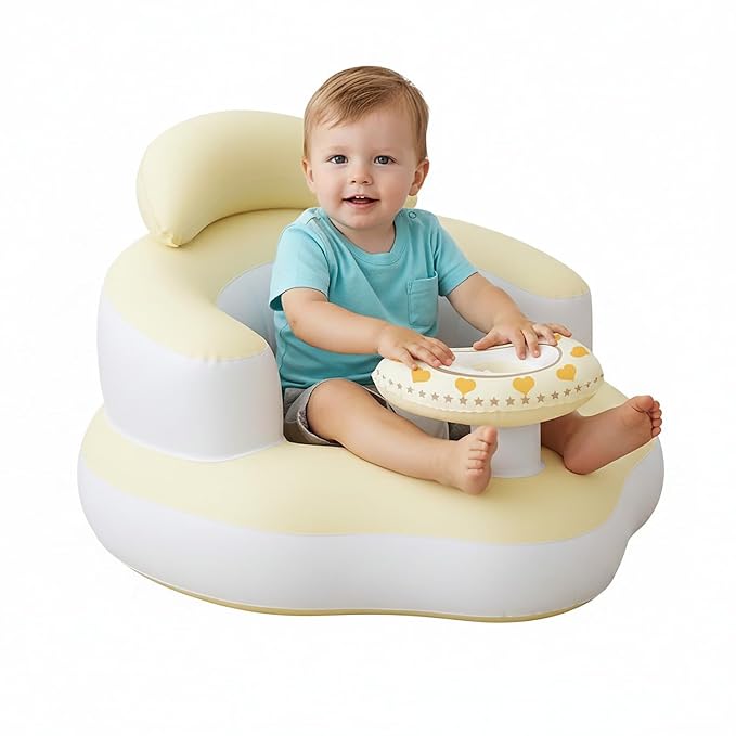 Inflatable Baby Seat for Babies 3-36 Months, Built-in Air Pump, Sit Me Up Chair with Tray and Back Support, Learning to Sit, Portable Baby Chair (Yellow & White)
