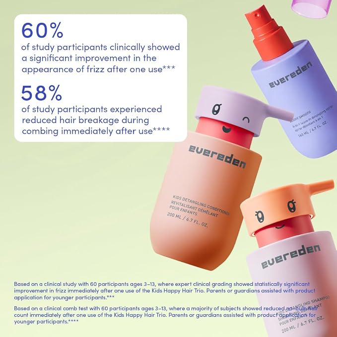 Evereden Kids Shampoo, Conditioner & Detangling Spray Set | Dermatologist-Tested, Plant Protein Peptides & Argan Oil | Gentle, No Silicones, Sulfate & Paraben-Free | Vegan Haircare + Brush, Ages 3+