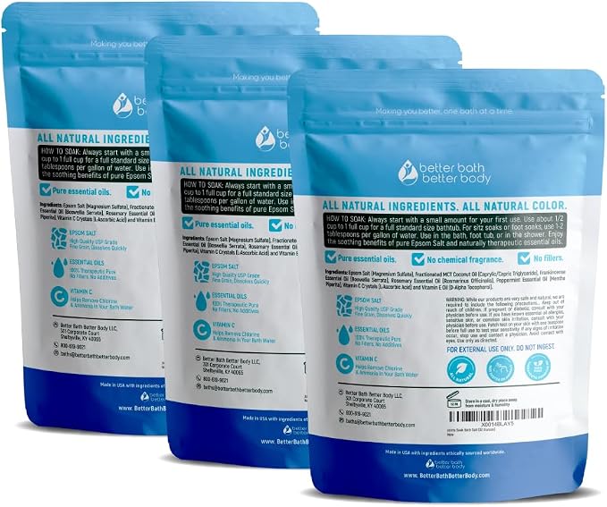Joints Bath Soak (3 Pack) Soothing Epsom Salt with Rosemary and Frankincense Essential Oils Plus Vitamin Crystals in BPA Free Pouch Three 2 lbs Pouches 6 Lbs Total