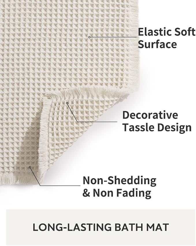 tchdio Waffle Bath Mat Rug, Super Absorbent Non Slip Bath Mats Ultra Soft Bathmat Machine Washable Bathroom Rugs with Tassels, Bath Rugs for Bathroom Floor Beside Tub, 20" x 32", Pale Beige