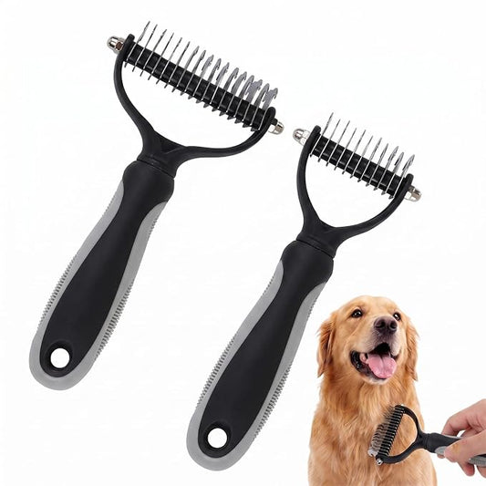 Double-Sided Pet Grooming Brush, Pro Tool For Dogs Shedding Stainless Steel Dual Tooth Undercoat Rake Detangling Comb Ergonomic Pet Grooming Brush (Gray, 2PCS)