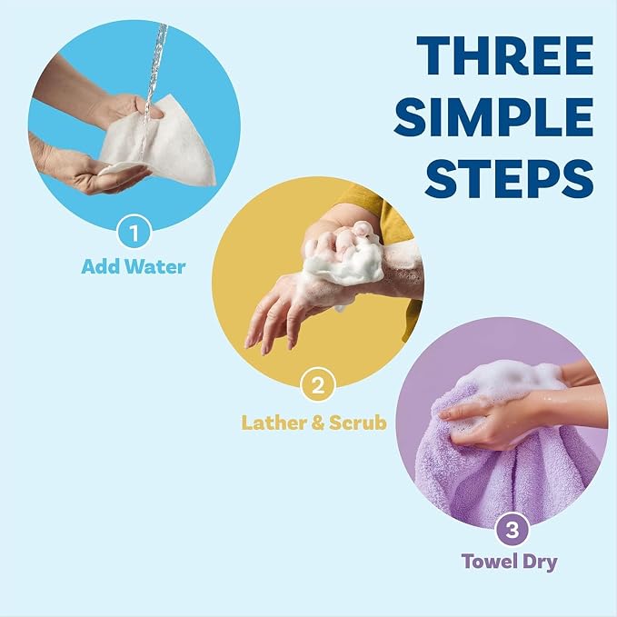 LOJESI Rinse-Free Bath Sponges, Soap & Shampoo Infused, Hypoallergenic, pH Balanced, 7.874x7.874 Inches, 25 Count