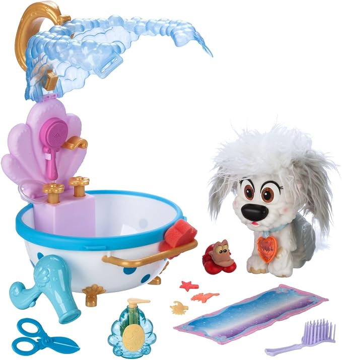 Disney Store Action Toys Princess Pet Play Set - Max Bathtub Set – Fun Playsets Princess Toys Perfect for Little Kids - Comes with Color-Changing Max, Sebastian Figure & Bubbles