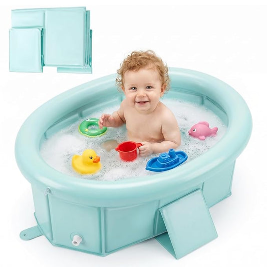 Orzbow Toddler Bathtub with Inflatable Top Edge, Collapsible Baby Bathtub with Side Drain Plug, Portable Bath Tub for Infant Toddler Kids 6M- 6Y Without Assembly, Extra Stable & Durable, Green