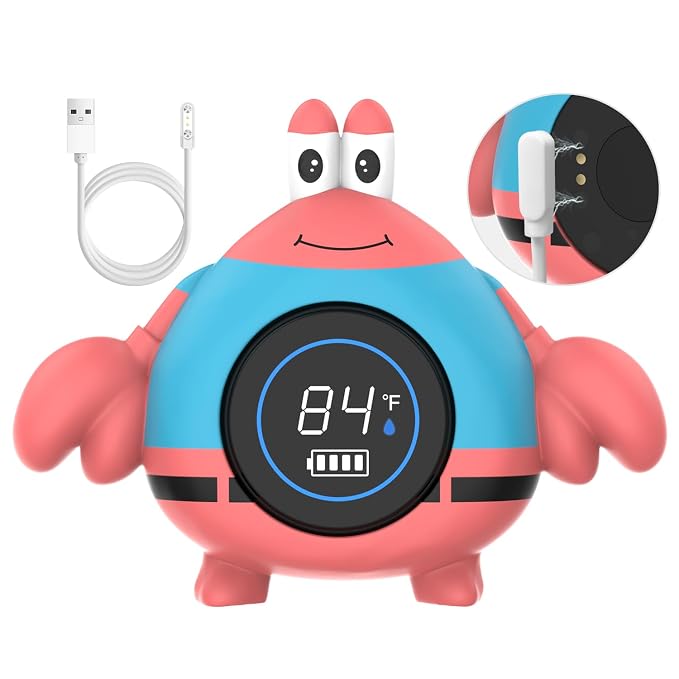 BabyElf Rechargeable Baby Bath Thermometer – Floating Crab Water Temperature Thermometer for Baby Bath, Automatic Sensing, Hot & Cold Alert, Waterproof Bathtub Thermometer for Newborns
