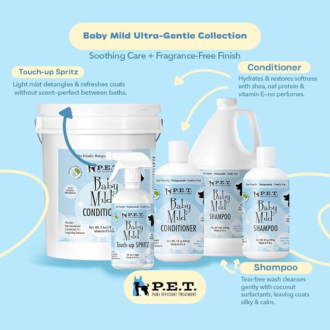 P.E.T. Baby Mild Ultra-Gentle Shampoo — Tear-Free, Hypoallergenic & Fragrance-Free Cleanser for Sensitive Pets — 5 : 1 Concentrate (Mix or Use Neat) — Cosmetic Grooming Formula — 16 oz