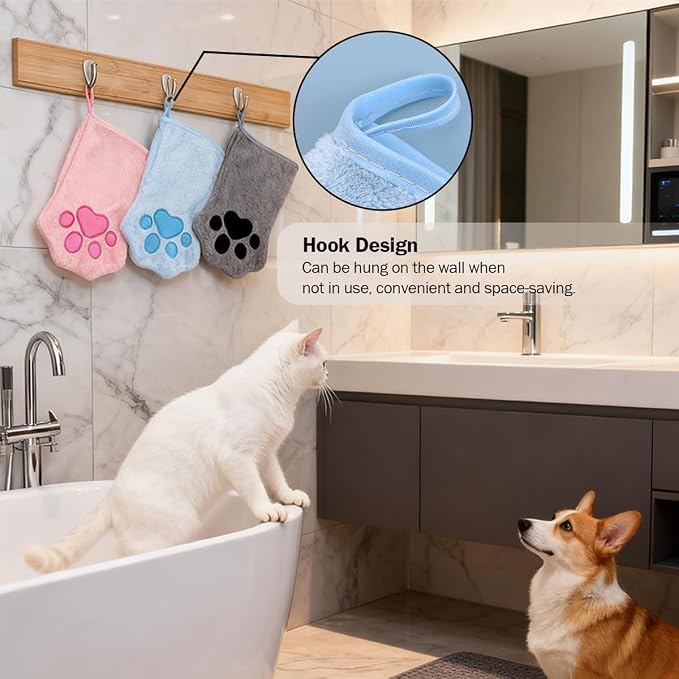Paw Bathing Towel for Cats, Ultra Soft Microfiber Pet Bath Towel Gloves for Muddy Paws, Ears, Coral Fleece Pet Towel, Quick-Dry Cat Drying Towel, Lint-Free Absorbent with Hanging Loop (pink+grey)