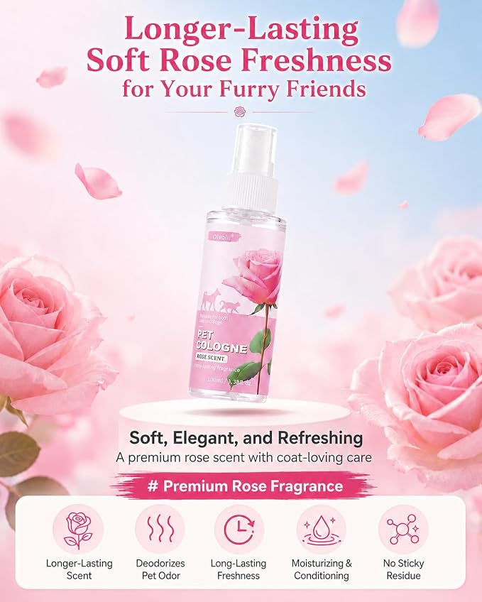 Pet Cologne for Dogs & Cats, Soft Rose Deodorizing Spray, Long-Lasting Fresh Scent, Non-Sticky Coat Conditioning & Odor Control Formula | Travel-Friendly, 3.38 fl oz