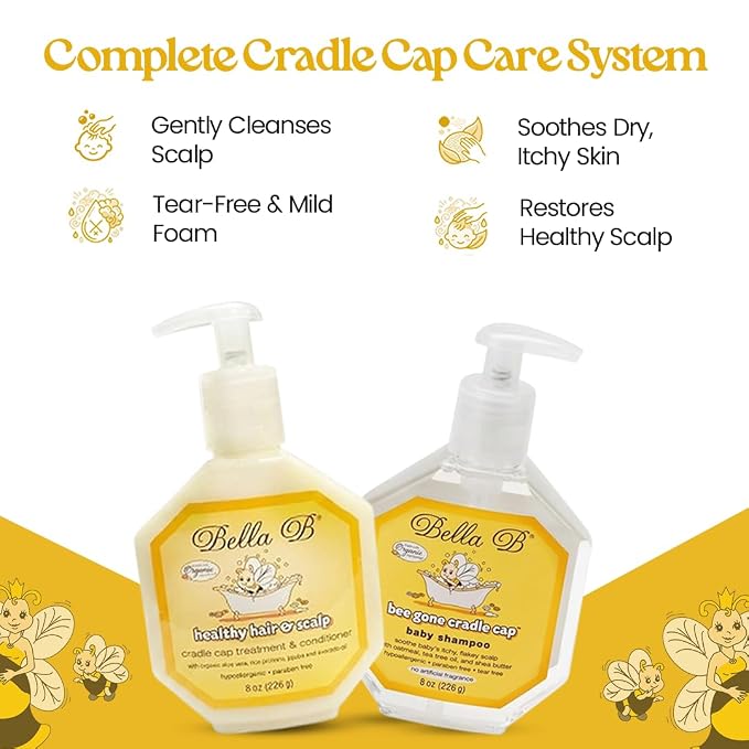 BELLA B GIFT SET Organic Cradle Cap Shampoo & Conditioner Treatment for Babies 8oz, Natural Ingredient Baby Shampoo with Complete Care Set for Baby Cradle Cap | Baby Hair Conditioner for Toddler