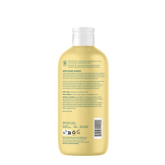 ATTITUDE Body Wash, EWG Verified Shower Gel, Dermatologically Tested, Plant and Mineral-Based, Vegan Personal Care Products, Earl Grey & Fresh Cucumber, 16 Fl Oz