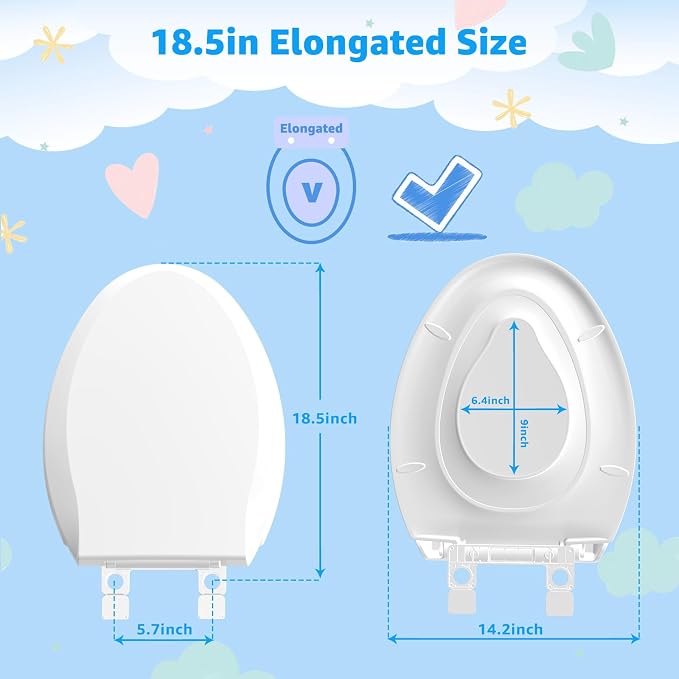 Huttdmel Elongated Toilet Seat with Toddler Seat Built In,2 in 1 Adult & Child, Soft Close, Magnetic Child Seat,Top & Bottom Mount,Never Loosen Hinges, Fits Standard Elongated Toilets 18.5'', White