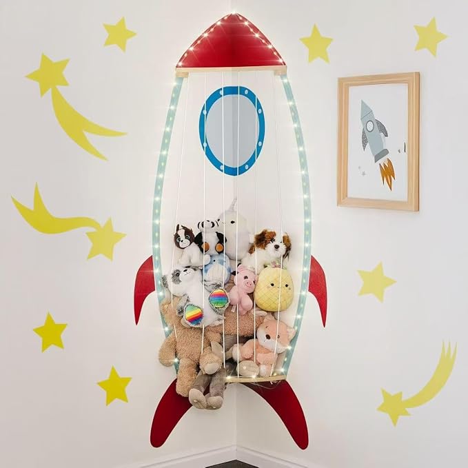 PUTSKA Nursery Furniture Hanging Organizer – Wall Mounted Stuffed Animal Storage for Baby Room, Corner Plush Collection Display & Nursery Organization System, Space-Saving Vertical Storage - Spaceship