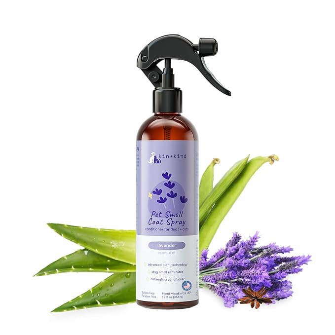 kin+kind Dog Deodorizing Spray - Safe, Natural, & Easy to Use Pet Odor Eliminator, Premium Cat/Dog Detangler Spray Formula Made w/Aloe, Dog Deodorizer for Smelly Dogs/Cats Made in the USA (12 fl oz)