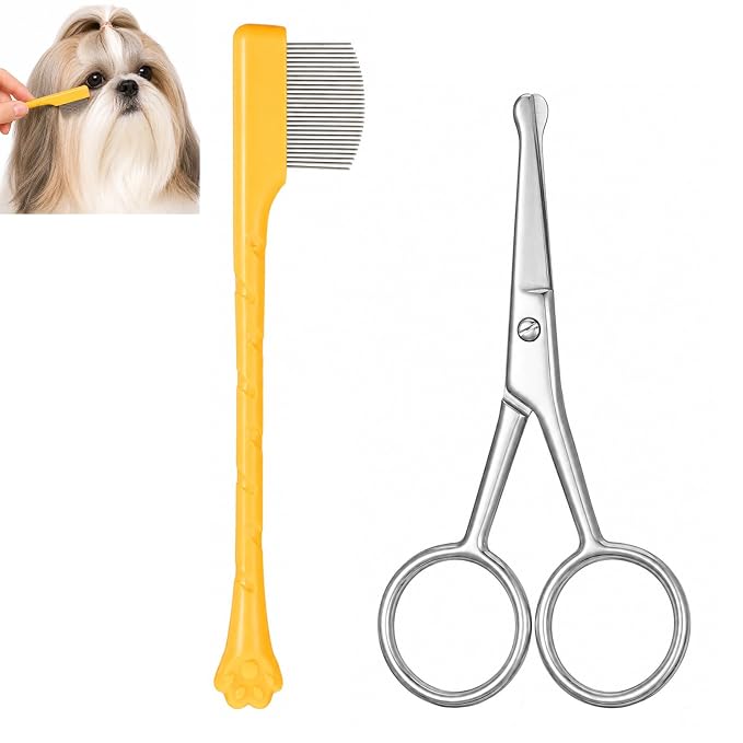 2 Pcs Dog Tear Stain Remover Comb with Pet Grooming Round Tip Scissors Stainless Steel Dog Eye Comb Pets Grooming Tool Stress-free Tear Stain Remover for Pet Facial Eye Area