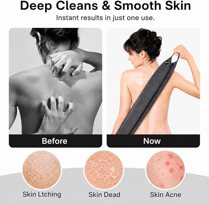 Yiclick Exfoliating Washcloth Towel with Handle, Back Scrubber for Shower, Exfoliating Body Scrubber Exfoliator, Japanese Wash Cloth for Body Scrub, Bath Sponge Loofah Luffa Washer Exfoliator
