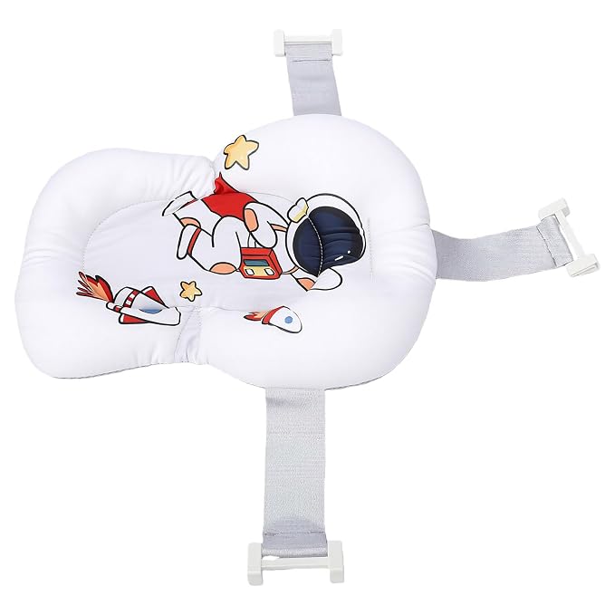 Fafeicy Baby Bath Cushion Pad Cotton Infant Bathing Seat Support Mat with 3 Buckles Wedge Design 28 X 6 X 38cm for Newborn Toddler Bathtub Bath Time (Astronaut Pattern)