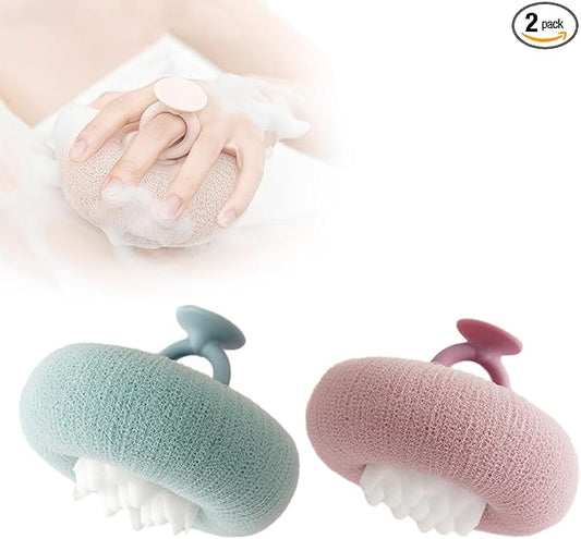 Super Soft Sunflower Suction Cup Bath Ball, 2026 Upgraded 2-in-1 Sunflower Bath Ball Exfoliating Bath Sponge Cleaning Brush, Sponge Mesh Pouf Shower Ball for Women, Men Shower (Purple+Green)