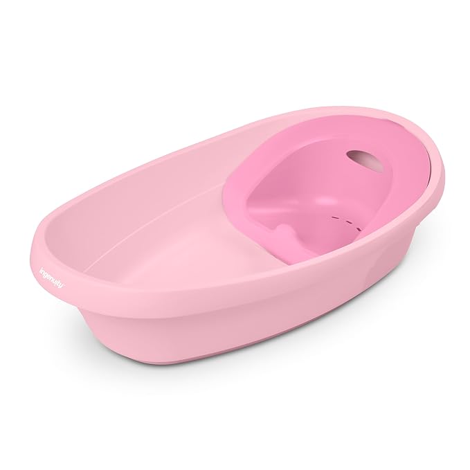 Ingenuity Room to Soak 4-in-1 Baby Bath Tub in Pink, Newborn to Toddler, Adjustable Full Coverage Sling, Supportive Seat, Includes 2 Pour & Rinse Cups, Easy Release Drain Plug, 0M+