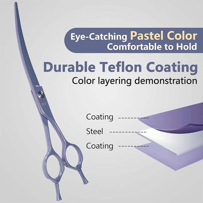 Professional Dog Grooming Scissors: 7" Japanese 440C Steel, Curved Shears with 25-30° Blade for Pet Groomers (Violet)