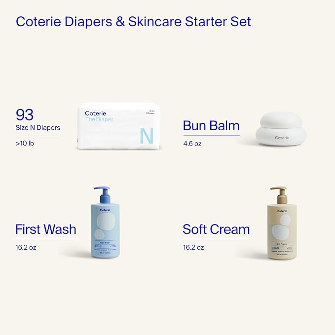 Coterie Skincare Essentials Set | Newborn Diapers (93 Count) + 16.2 oz Shampoo & Body Wash, 16.2 oz. Face & Body Lotion, 4.7 oz Diaper & Dry Skin Balm | Hypoallergenic, Safe for Sensitive Skin