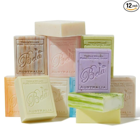 BELA Triple Milled Soap Variety Pack 3.3 OZ Pack of 12, Long Lasting French Triple Milled Bar Soap with Organic Shea Butter, Hand, Face and Body Soap Bar, Made in Australia