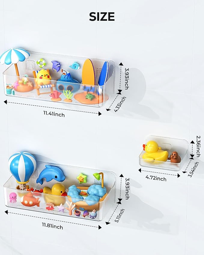 Nieifi Bath Toy Storage Holder, Bathtub Toy Storage, Large Capacity Bath Toy Organizer, Adhesive Shower Caddy for Bathroom, Clear (2 large + 1 small)