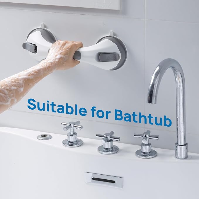 LEVERLOC Grab Bars for Shower Suction Bathtub Safety Rails, Heavy Duty 12 Inch Shower Handle Removable Bath Handrails for Seniors and Elderly, Bathroom Safety Grip No Drilling Waterproof Grey