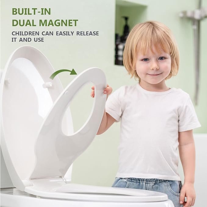 Elongated Toilet Seat with Toddler Seat Built In, Slow Close, Fits both Adult and Child, Potty Training Seat, Magnetic Kids Seat and Cover, Plastic, White