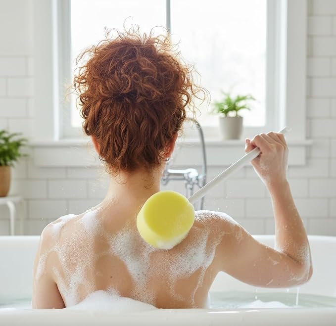 Rehabilitation Advantage Long Handle Bath Sponge – 18" Extra Long Handle, 5" x 2” Soft Yellow Sponge | Personal Hygiene & Mobility Aid for Seniors, Disabled, or Limited Reach