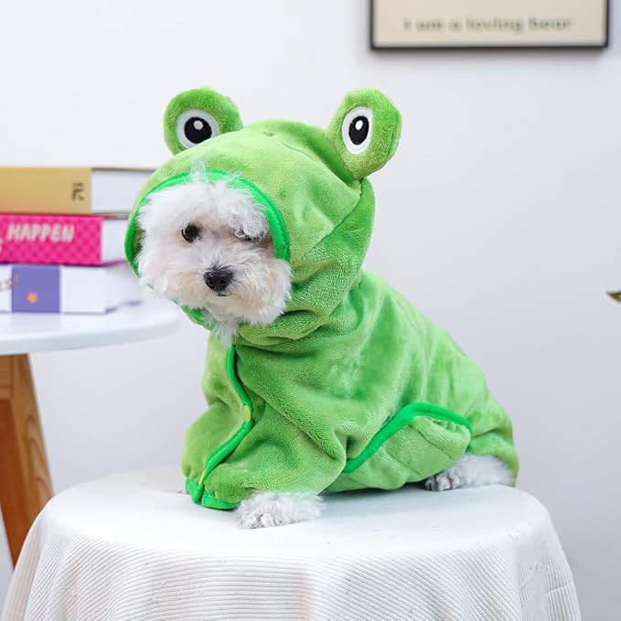 Dog Bathrobe with Hood Super Absorbent Soft Quick Drying Towel Wrap Adjustable Puppy Cat Bath Robe Towel for Cold Weather Beach Pool (Green Frog, Small)