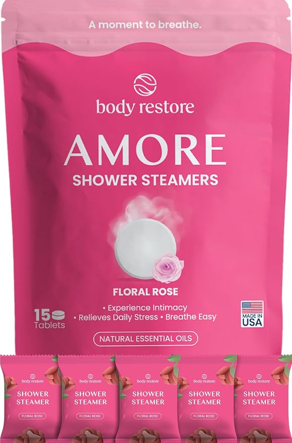 BodyRestore Shower Steamers Aromatherapy, Gifts for Women, Amore 15 Pack | Birthday Gifts for Women, Spa Stress Relief & Relaxation, Romantic Gift for Her,Rose Essential Oil Tablets