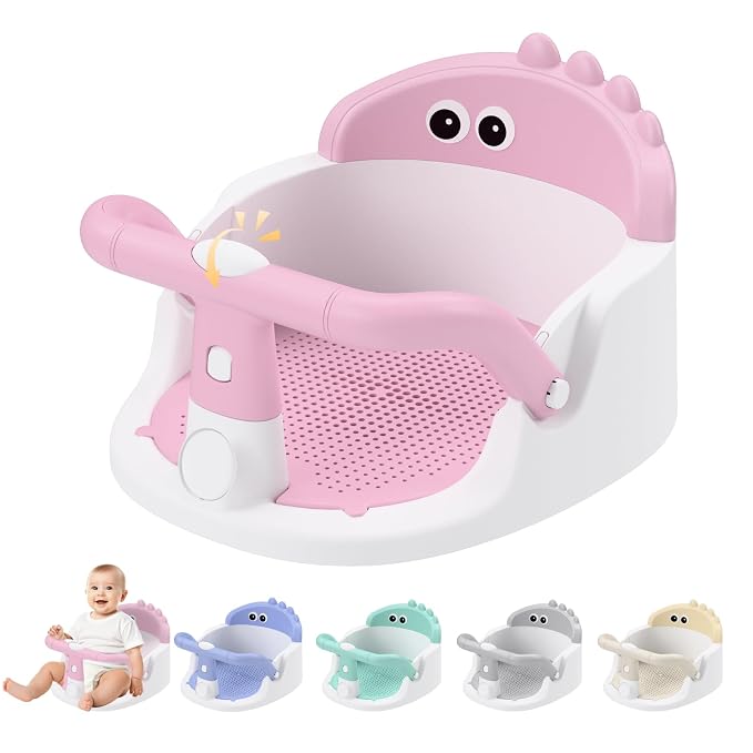 Baby Bath Seat for Babies 6 Months & Up Sitting Up | 360° Stable Toddler Bath Chair with One-Touch Button | Baby Bath Tub Seat with Suction Cups | Open Design, Compact, Detachable, Non-Slip (Pink)