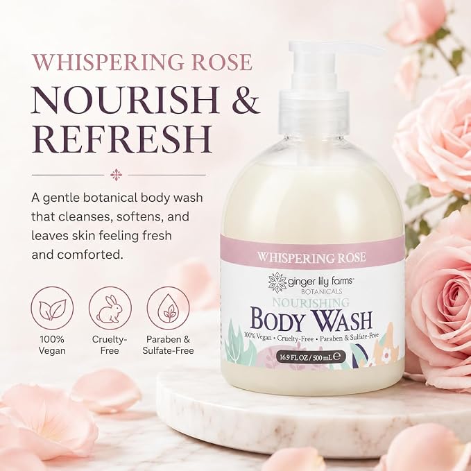 Ginger Lily Farms Botanicals Nourishing Body Wash, 100% Vegan & Cruelty-Free, Whispering Rose Scent, 16.9 Fl Oz (Pack of 6)