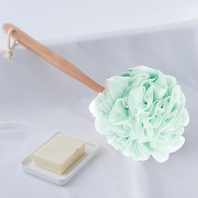 Loofah Sponge Back Scrubber, Wooden Long Handle Bath Sponge Lufa Shower Brush, Soft Nylon Mesh Back Cleaner Washer, Men & Women Exfoliating Luffa Pouf on a Stick for Body (Green)