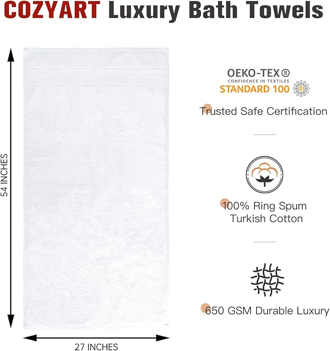 COZYART White Bath Towels for Bathroom 2 Pcs, 27x54 Cotton Bath Towel Sets Super Soft Highly Absorbent Durable 650 GSM Shower Towels for Daily Use