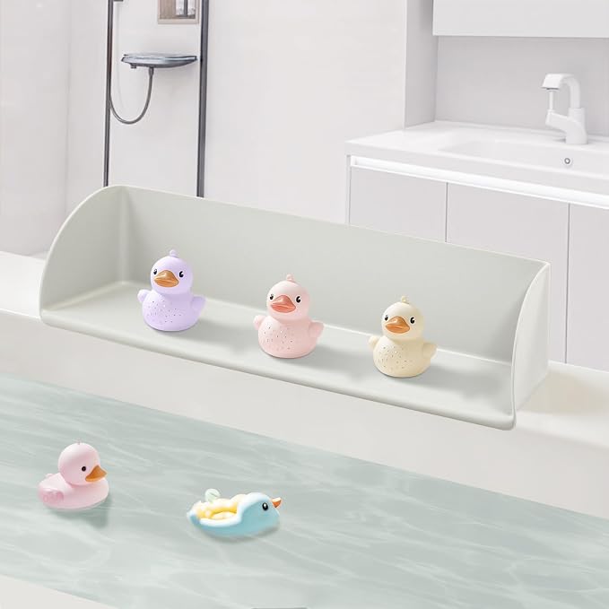 Silicone Bathtub Splash Guard with Strong Suction Cups, Bath Toy Holder & Water Spill Protector for Kids, No-Mess Play Shelf Organizer, Toddler Bath Essentials (White)