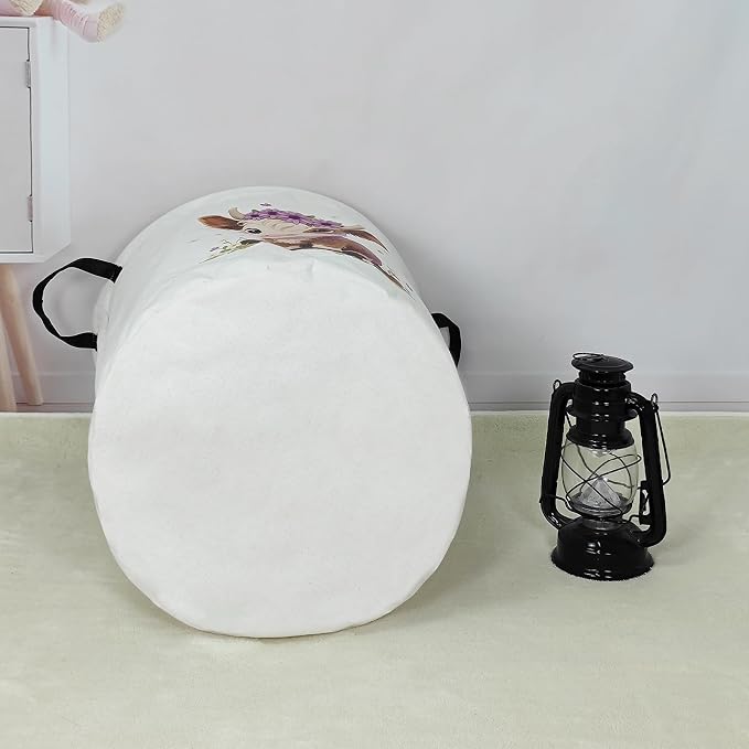 Round Cute calf Laundry Hamper, Household Storage Bin | waterproof foldable canvas bin with sturdy grip handles, large capacity, tidy organizer for bath linens and kids garments