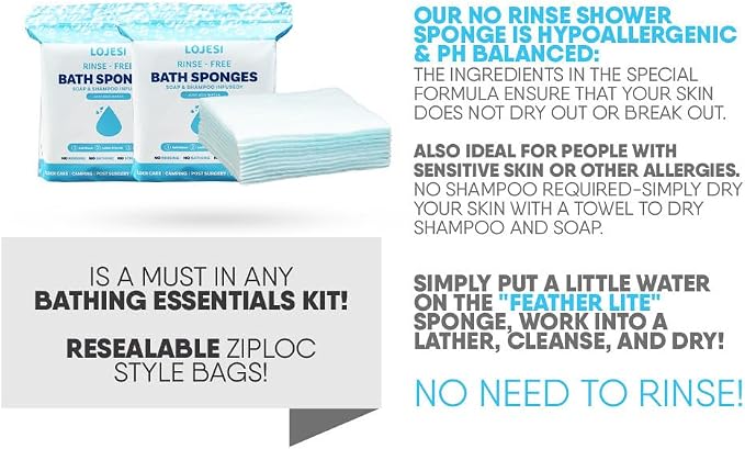 LOJESI Rinse-Free Bath Sponges, Soap & Shampoo Infused, Hypoallergenic, pH Balanced, 7.874x7.874 Inches, 25 Count