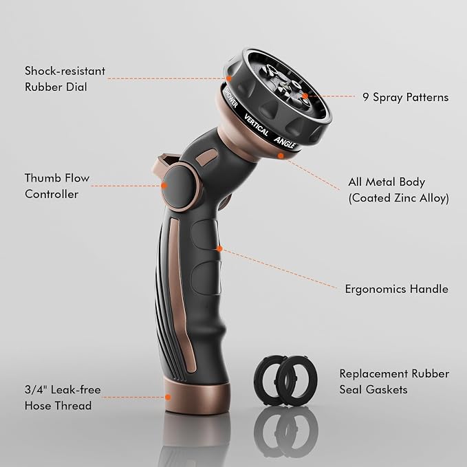 RESTMO Hose Nozzle Heavy Duty, Metal Water Hose Sprayer for Garden | 9 Spray Patterns, High Pressure, Thumb Flow Control, On/Off Valve, Ideal for Outdoor Lawn & Plant, Car & Pet, Brown