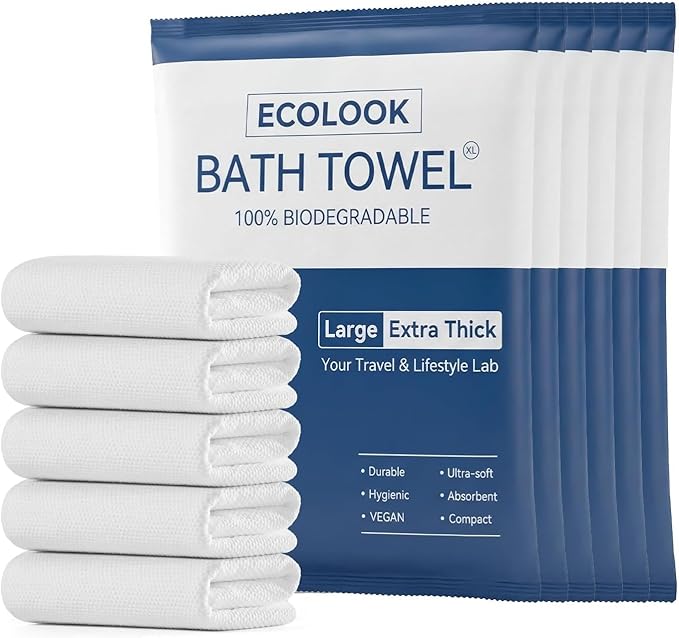ecolook Disposable Bath Towels for Travel, 6-Pack Extra Large 31"x63", 100GSM Plant Fiber, Dual Texture Soft & Quick-Drying Disposable Towels for Hotel Camping Beach Swimming Gym Sauna Spa