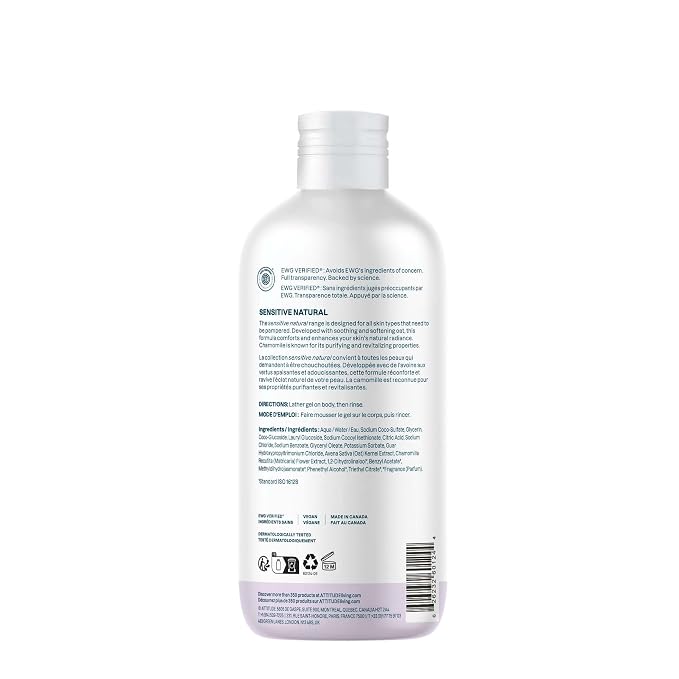 ATTITUDE Body Wash for Sensitive Skin, EWG Verified Shower Gel, Soothing Oat, Dermatologically Tested, Plant and Mineral-Based, Vegan Personal Care, Sweet Jasmine Scent, 16 Fl Oz