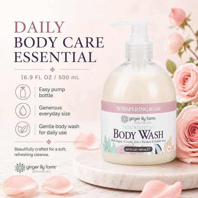 Ginger Lily Farms Botanicals Nourishing Body Wash, 100% Vegan & Cruelty-Free, Whispering Rose Scent, 16.9 Fl Oz