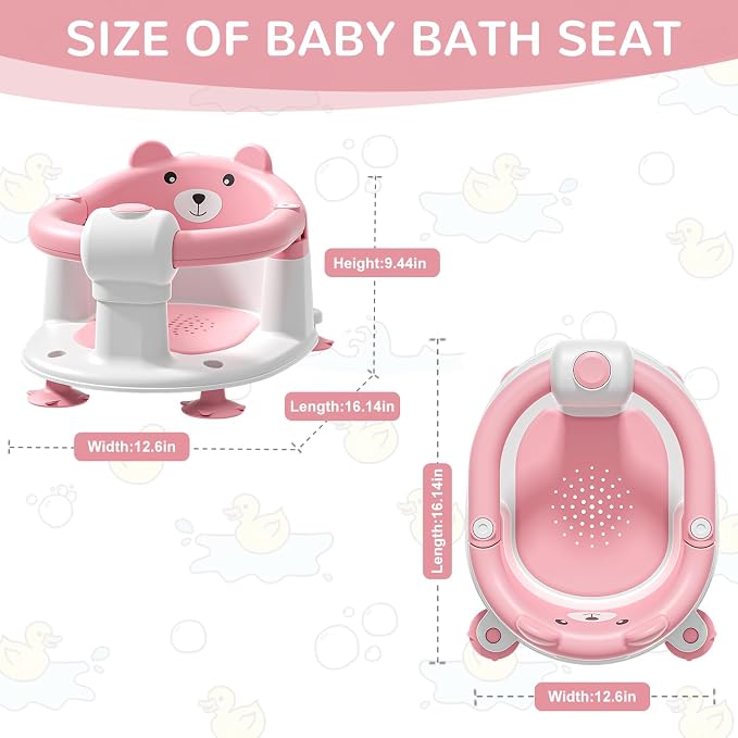 Baby Bath Seat for Babies 5-10 Months, Non-Slip Toddler Bath Seats for Babies Sitting Up, Safe Infant & Newborn Bathtub Chair with 4 Suction Cups & Soft Cushion for Shower,Pink