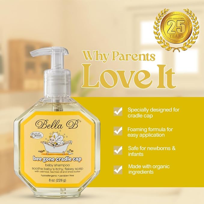 Bella B Bee Gone Cradle Cap Shampoo 8oz (2-Pack), Natural & Organic Baby Shampoo Made with Aloe Vera, Oatmeal & Vitamin E | Ideal for Cradle Cap Treatment, Natural Dry Scalp Treatment & Hypoallergenic